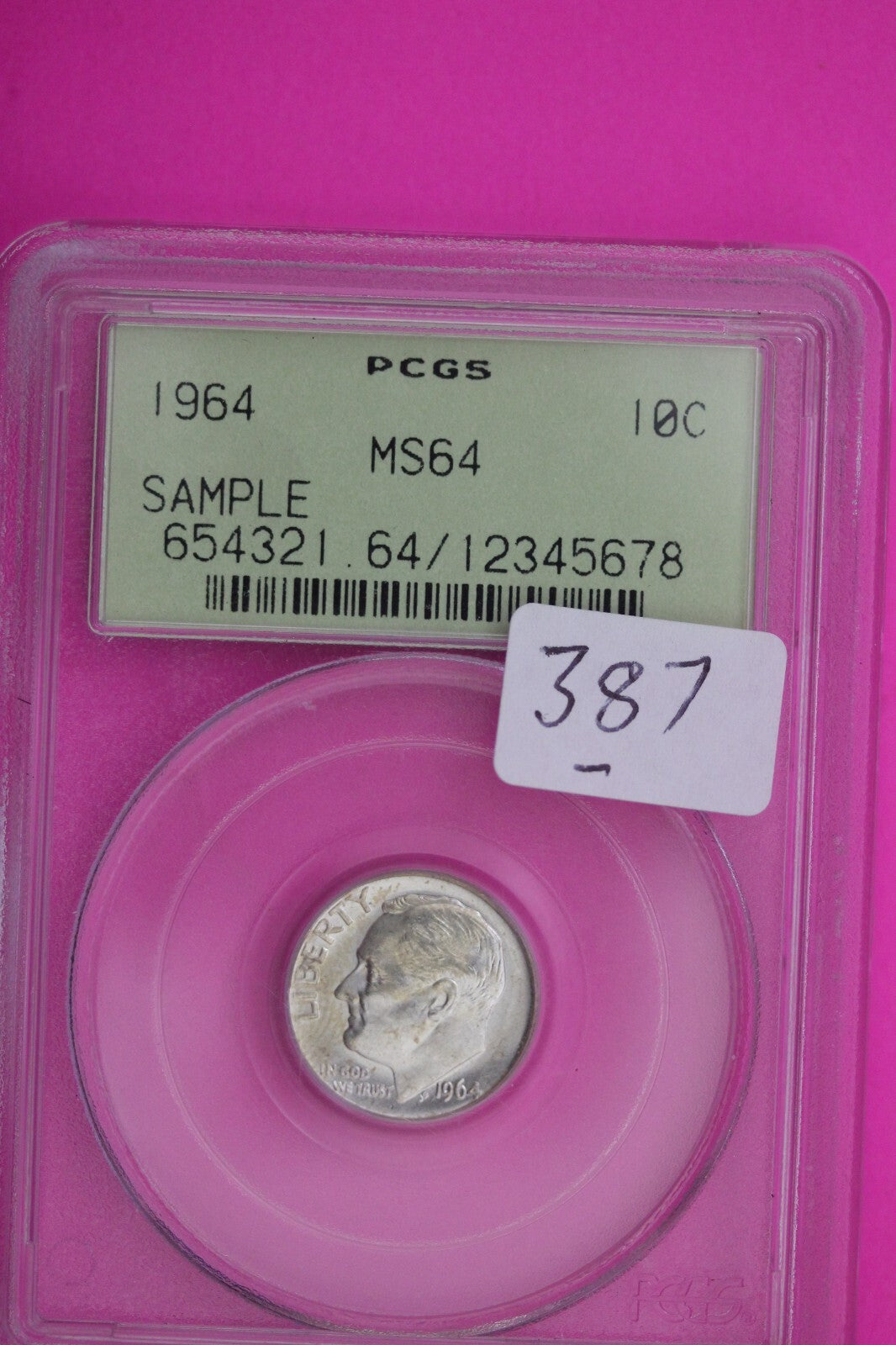 1964 P MS 64 Roosevelt Dime PCGS Green Label Sample Rattle Slab Silver Coin 387