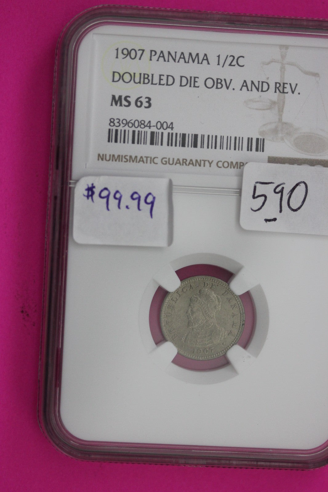 1907 MS 63 Panama Double Die Obc & Rev 1/2 Centesimo NGC Certified Graded 590