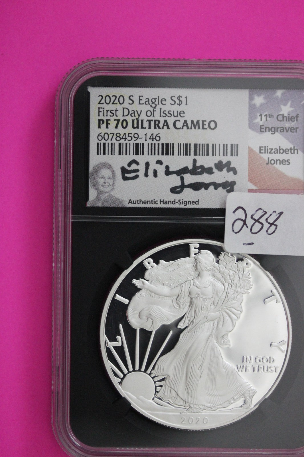 2020 S PF 70 Proof DCAM Silver American Eagle Jones Signature NGC Graded 288