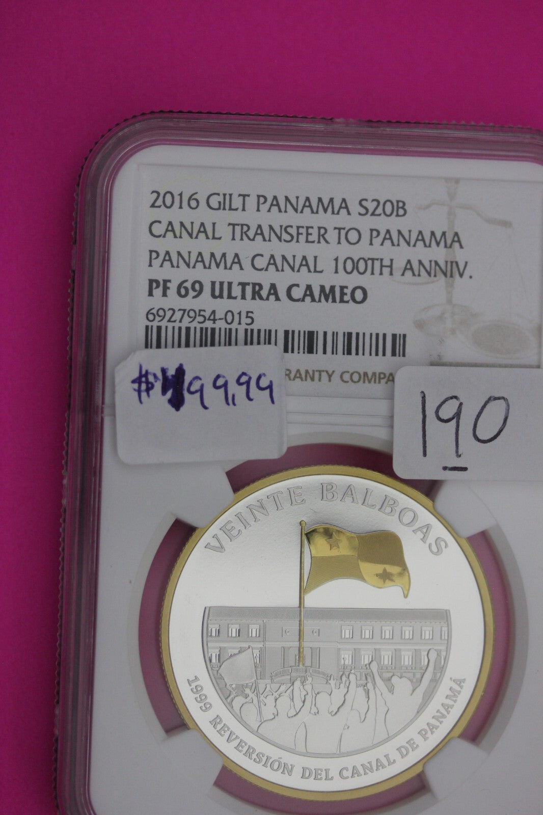 2016 PF 69 Gilt Panama Proof 20 Balboas Canal Transfer 100th Anniversary NGC 190