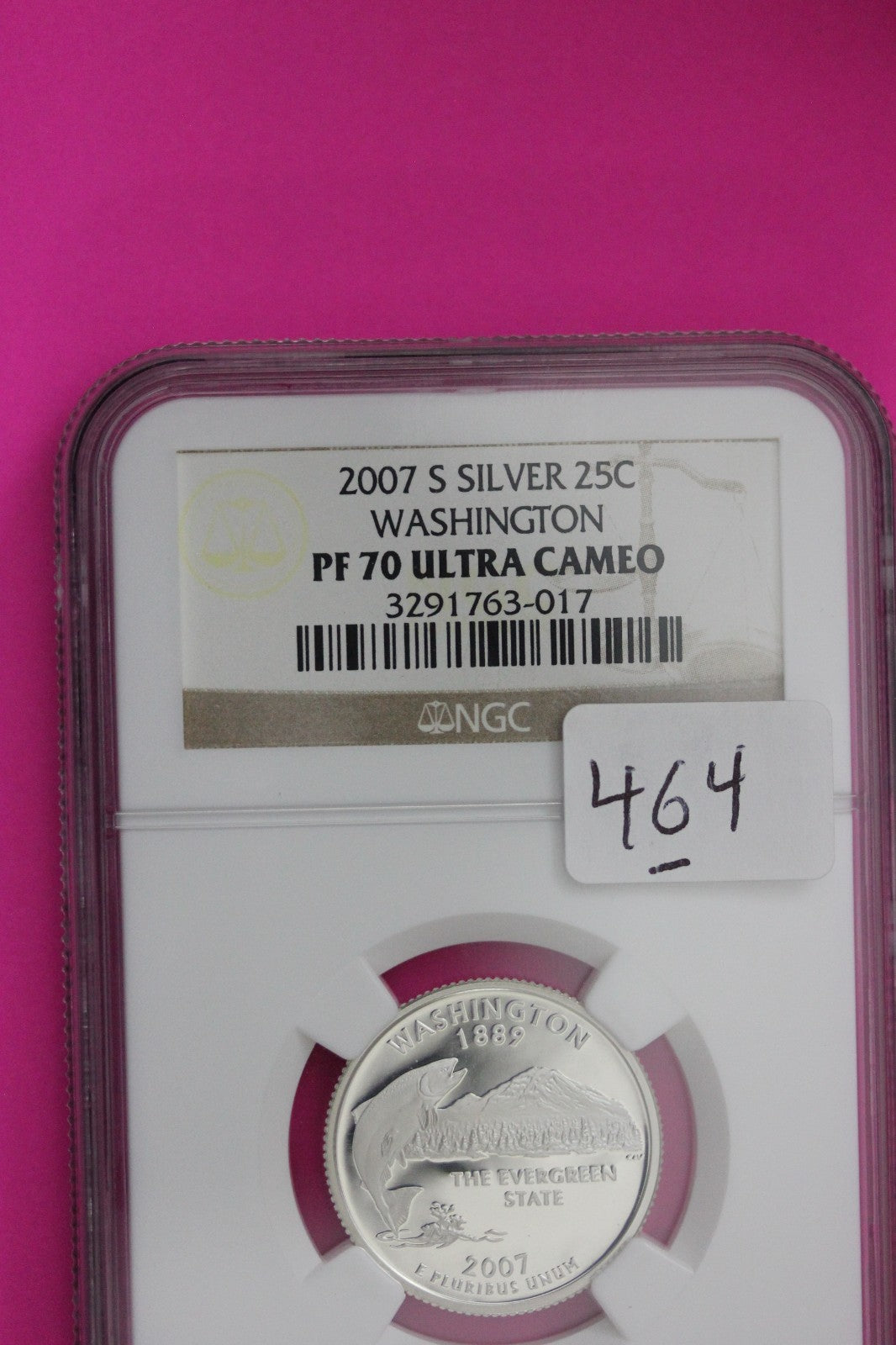 2007 S PF 70 Washington Silver State Quarter NGC Certified Authentic Slab 464
