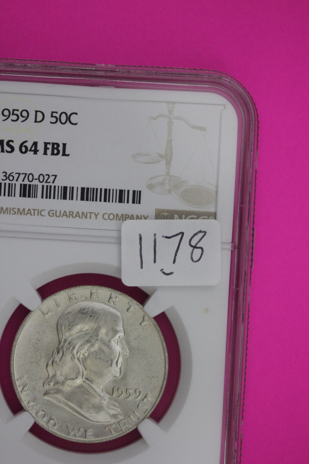 1959 D MS 64 Full Bell Lines Ben Franklin Silver Half Dollar NGC FBL Slab 1178