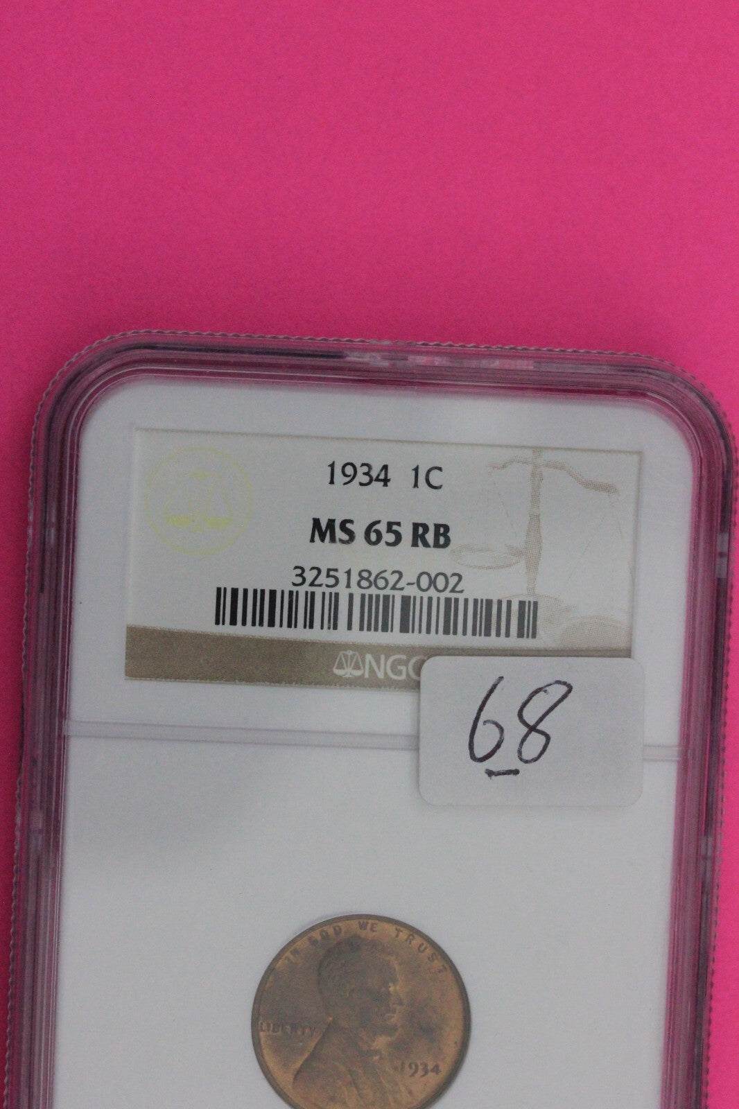 1934 P MS 65 RB Lincoln Wheat Cent Penny NGC Graded Certified Authentic Slab 68