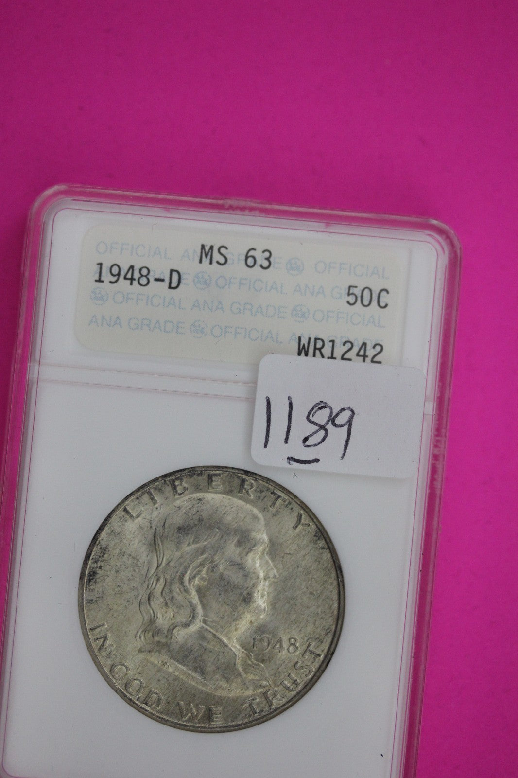 1948 D MS 63 Ben Franklin Silver Half Dollar ANACS Certified Authentic Slab 1189