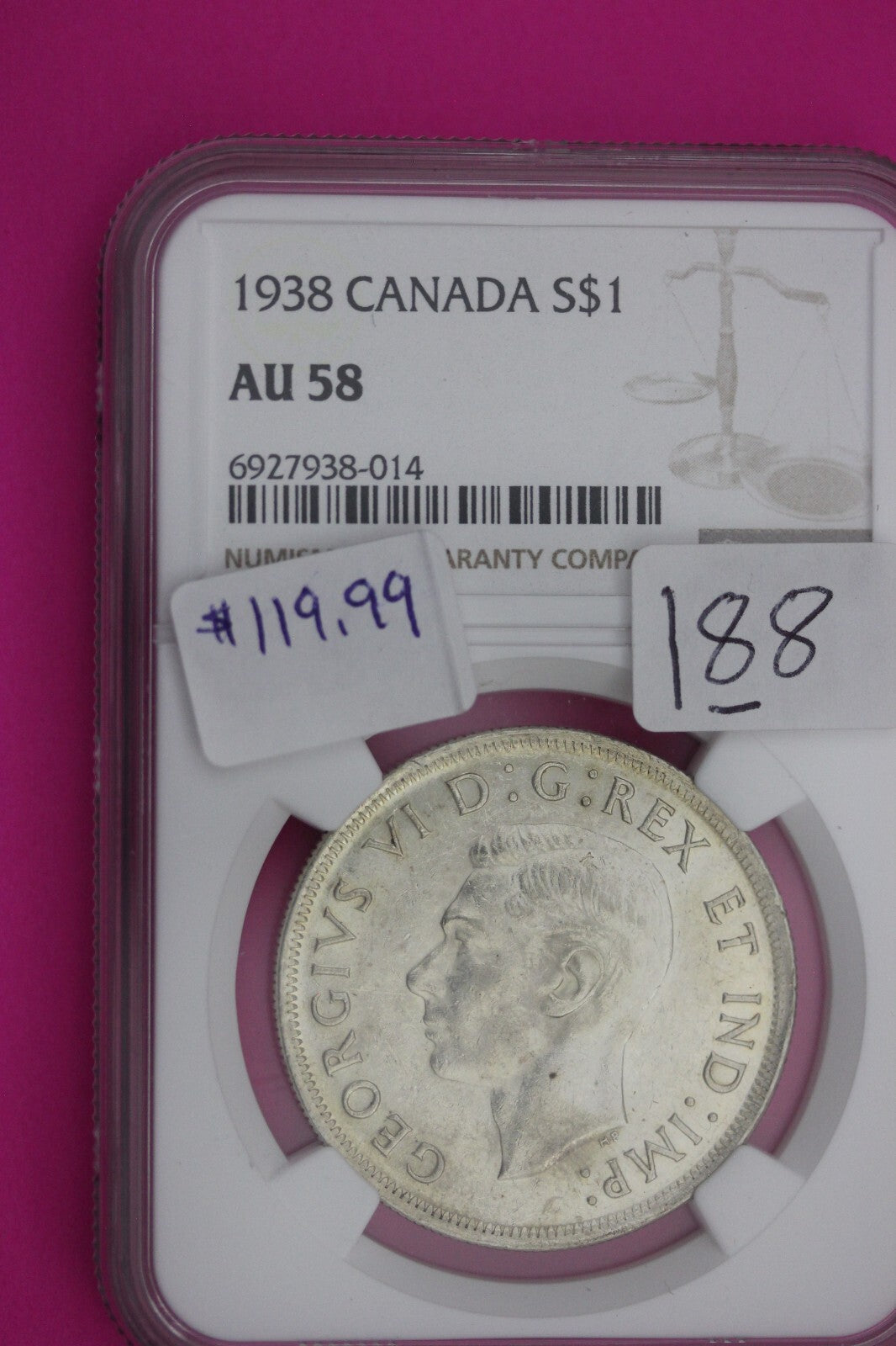 1938 AU 58 Canada Silver Dollar NGC Graded Certified Authentic Coin Slab 188