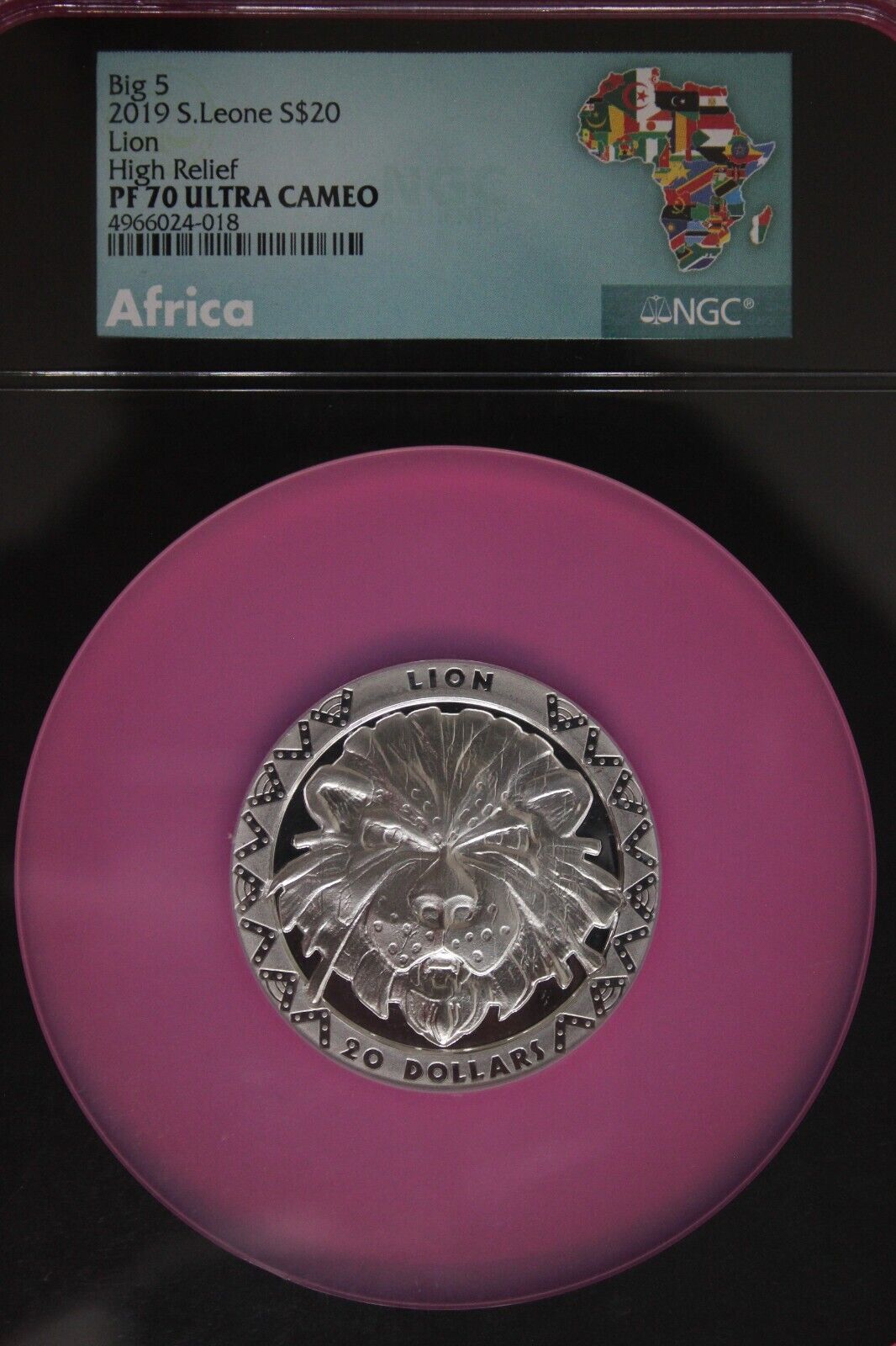 2019 PF 70 2 Ounces Silver Lion High Relief 20 D Sierra Leone .999 Fine NGC 7048