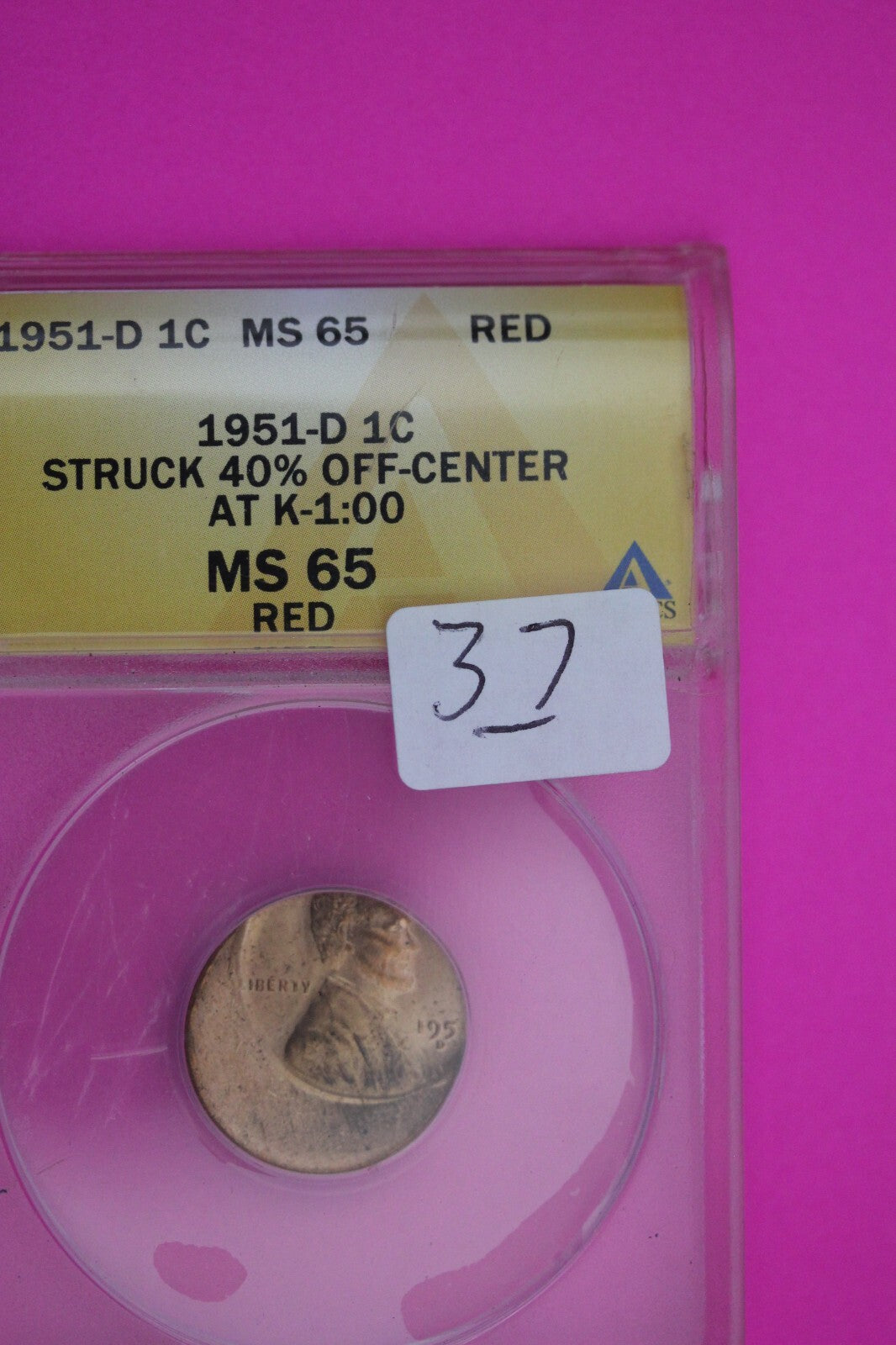 Mint Error 1951 D MS 65 RD 40% Off Center Lincoln Wheat Cent Penny ANACS Slab 37