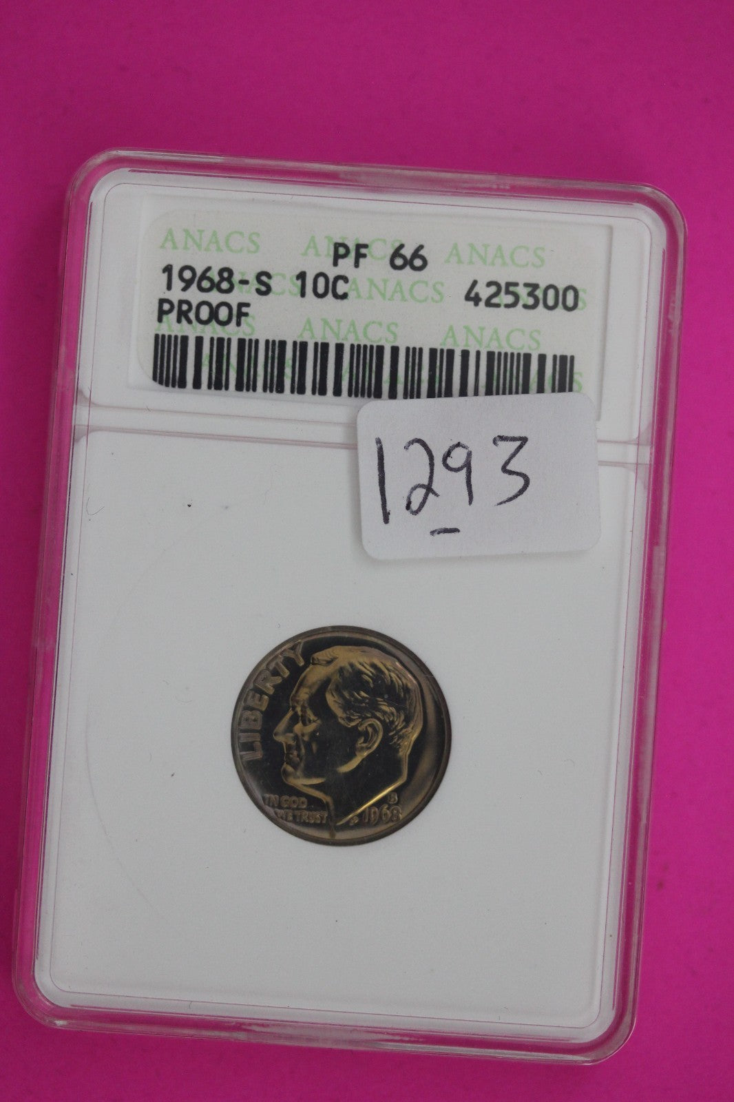 Toned 1968 S PF 66 Roosevelt Dime Deep Cameo ANACS Certified Graded Slab 1293