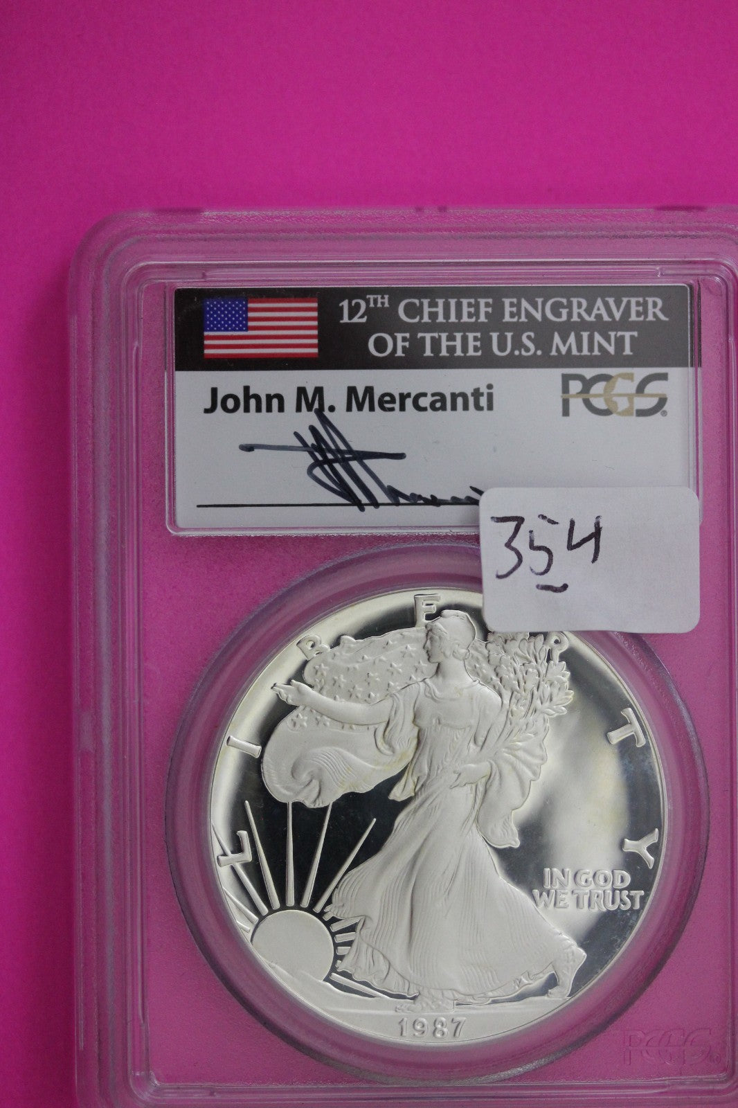 1987 S PR 70 Silver American Eagle Mercanti Signature PCGS Certified Slab 354