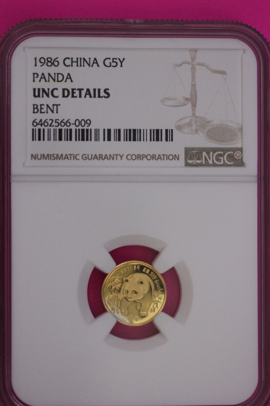 1986 Unc Details Bent 1986 Gold China Panda 1/10 Ounce .999 Fine NGC Slab 821