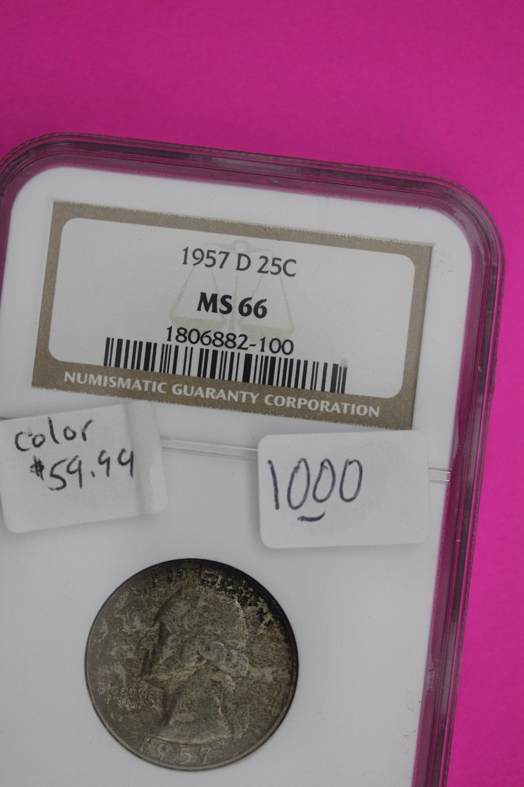 Toned 1957 D MS 66 George Washington Silver Quarter NGC Certified Graded 1000