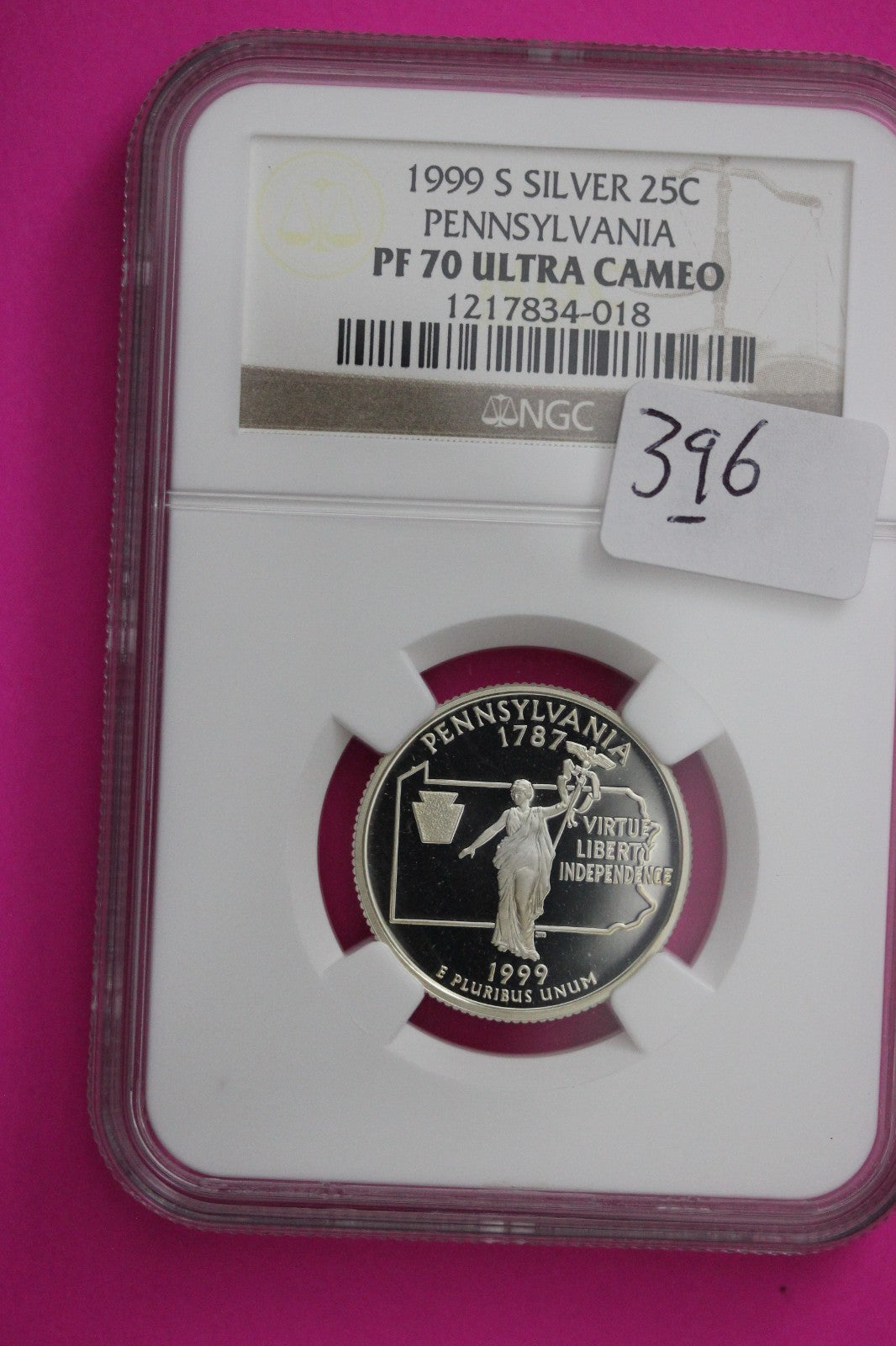 1999 S PF 70 Pennsylvania Silver State Quarter NGC Certified Authentic Slab 396