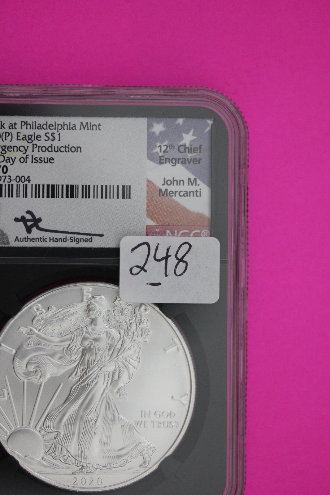 2020 (P) MS 70 Silver Eagle Mercanti Signature Emergency Issue NGC Certified 248