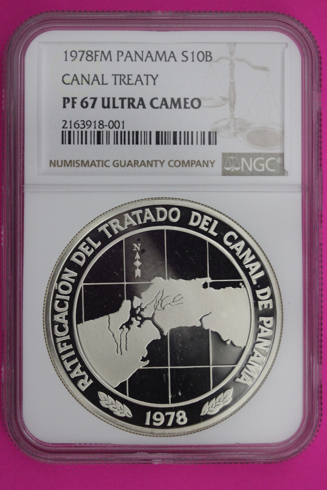 1978 Panama PF 67 Ultra Cameo Proof Silver 10 Balboas Canal Treaty Slab NGC 577