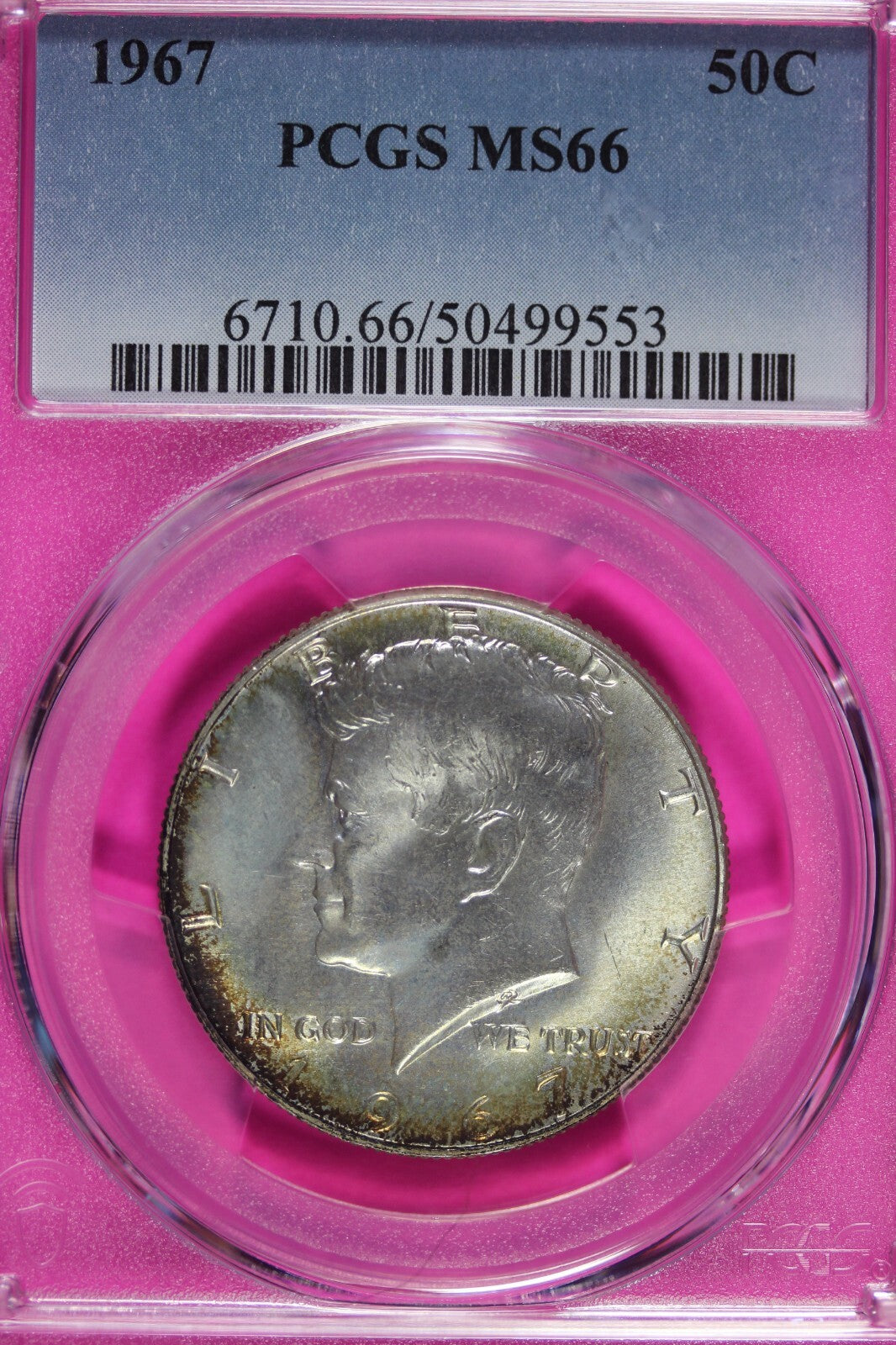 Toned 1967 Silver MS 66 John F Kennedy Silver Half Dollar PCGS Graded Slab 147