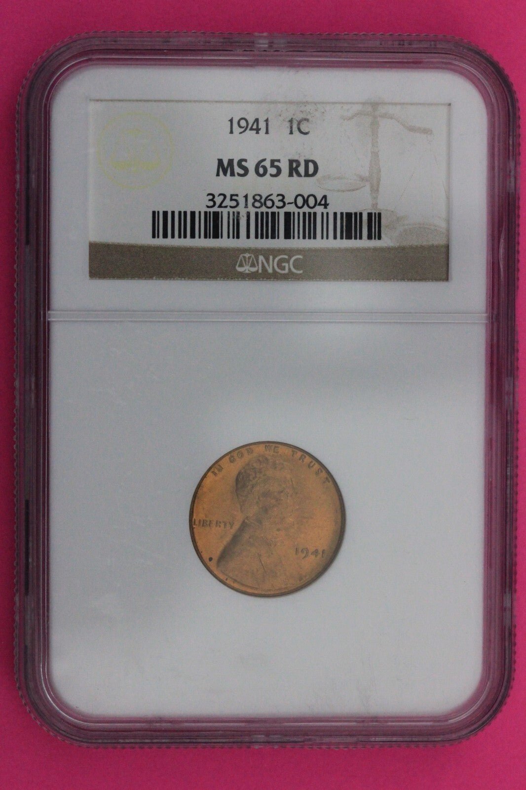 1941 P MS 65 RD Lincoln Wheat Cent Penny NGC Graded Certified Authentic Slab 67