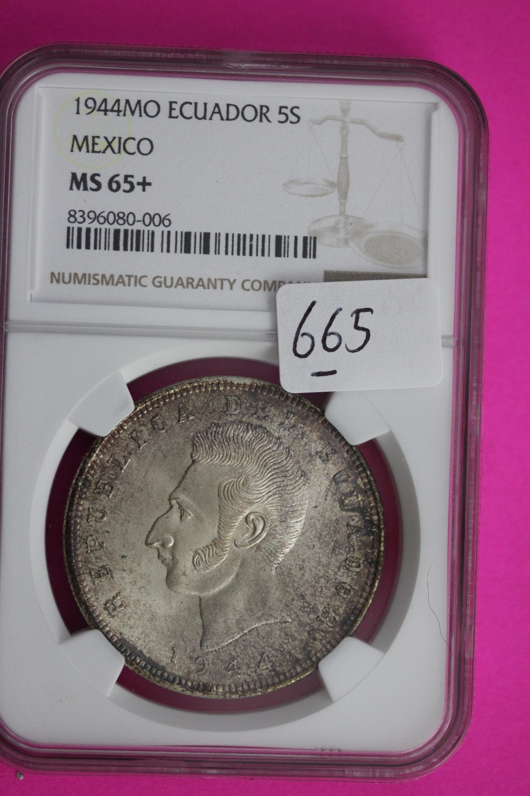 1944 MO MS 65+ Mexico Ecuador 5 Sucres Silver Coin NGC Certified Authentic 665