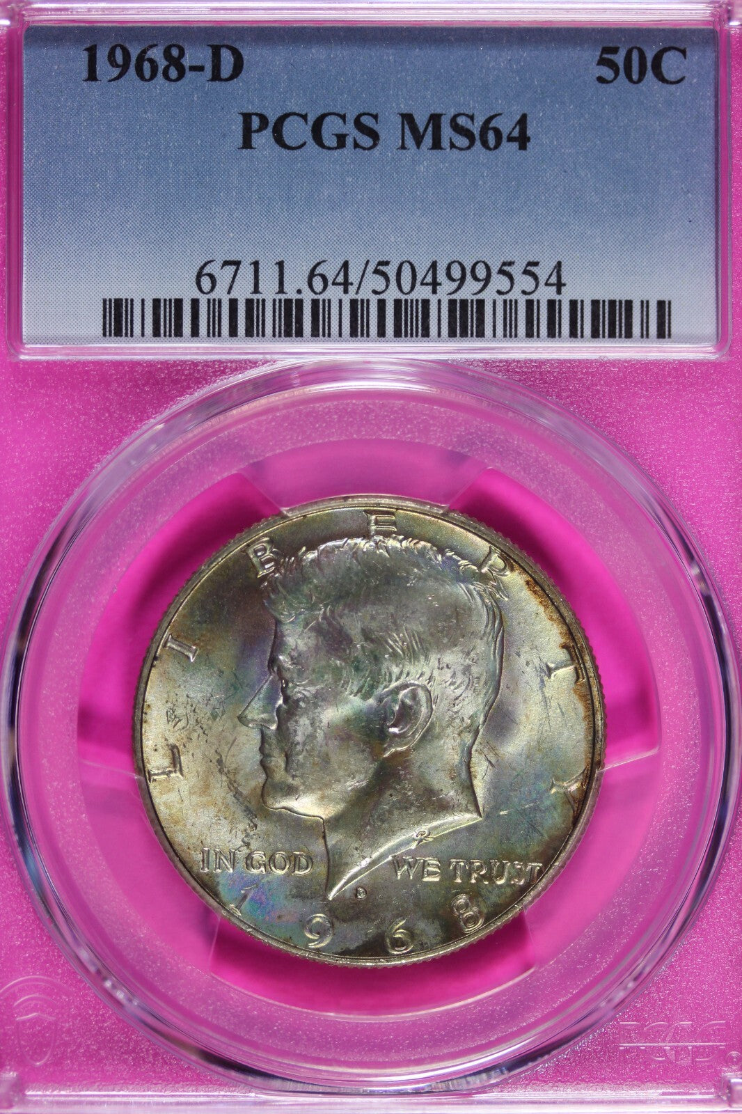 Toned 1968 D Silver MS 64 John F Kennedy Silver Half Dollar PCGS Graded Slab 148