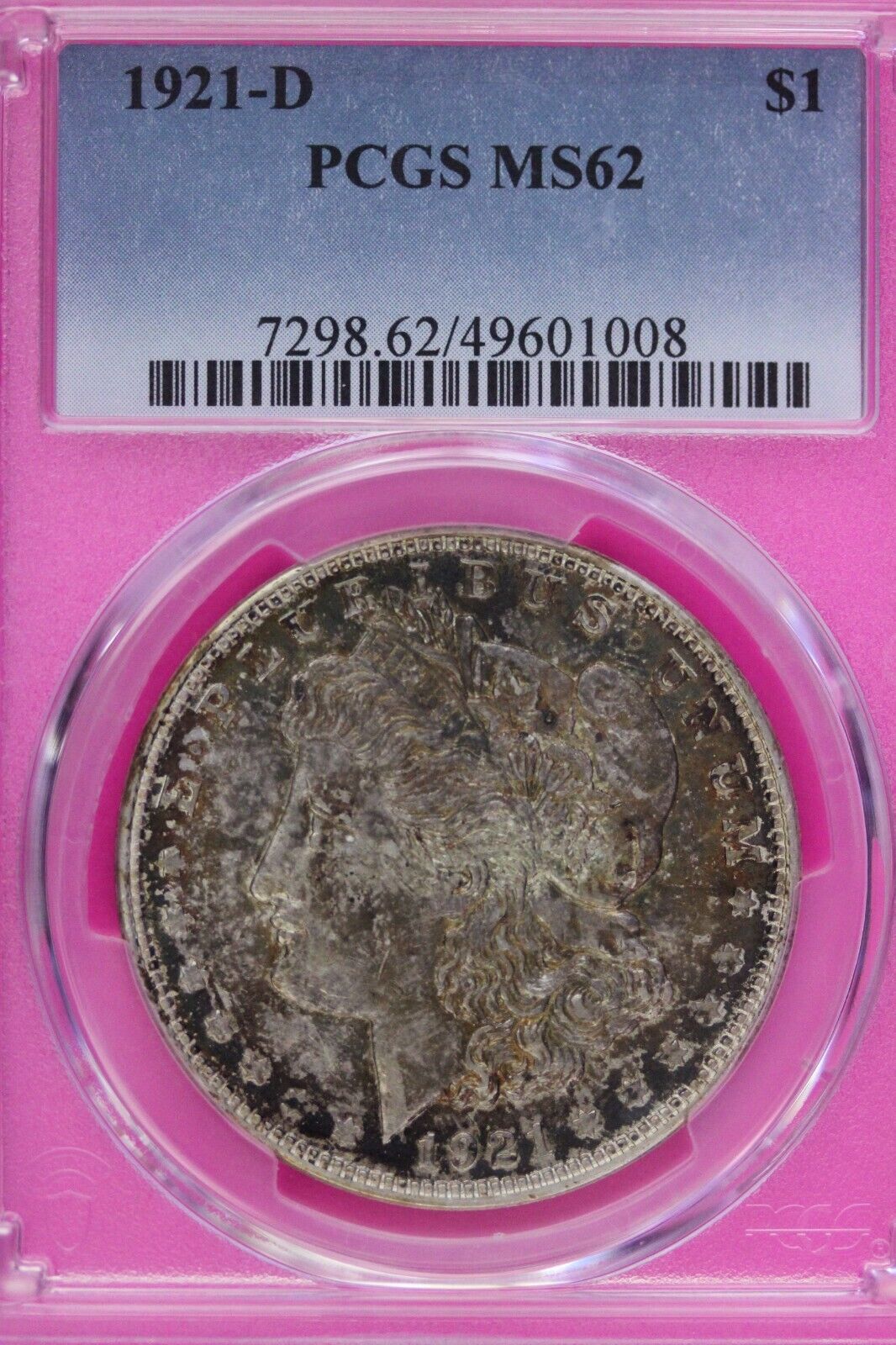 Toned 1921 D MS 62 Morgan Liberty Silver Dollar PCGS Certified Graded Slab 374