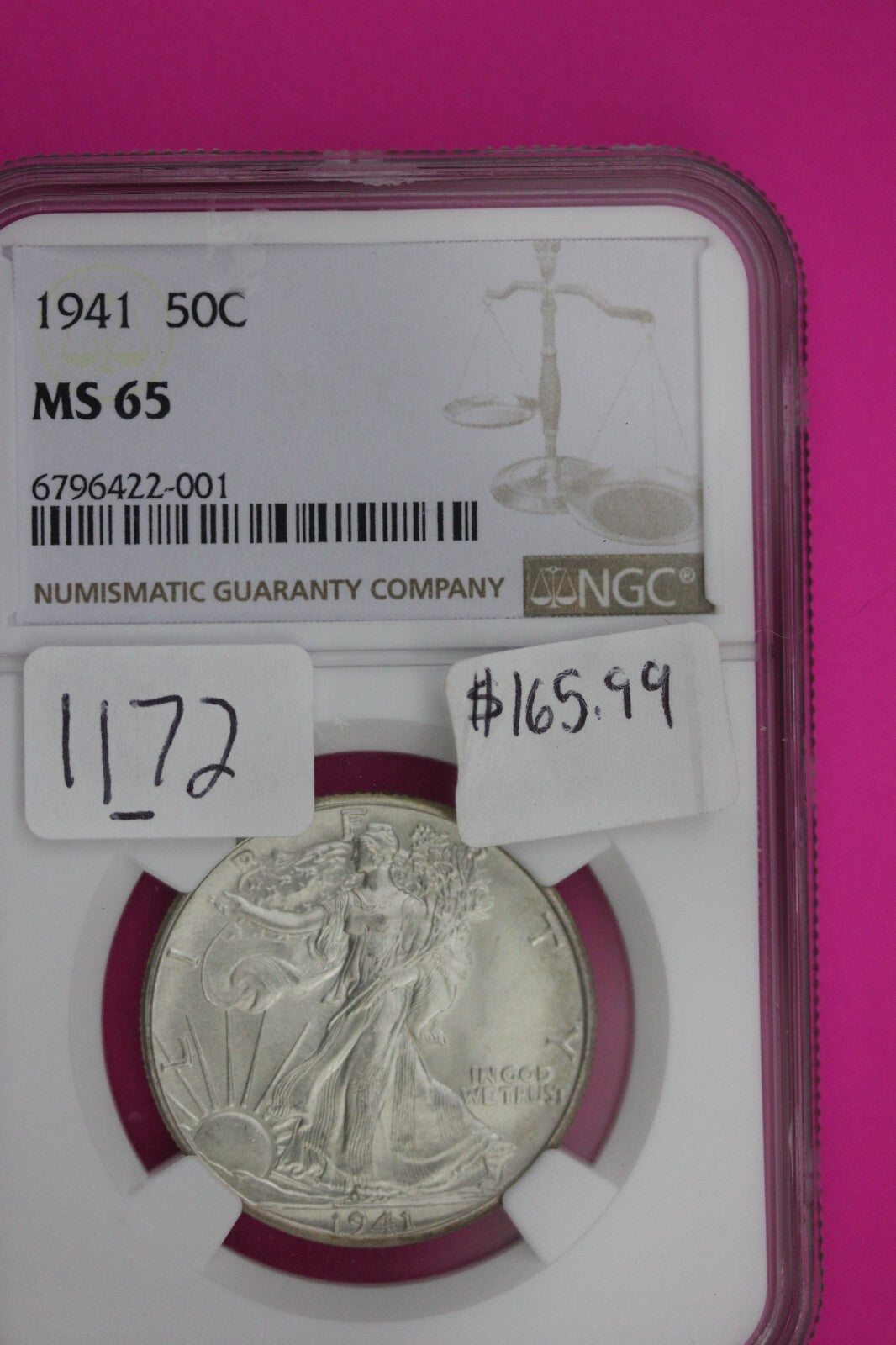 1941 P MS 65 Walking Liberty Silver Half Dollar Walker NGC Certified Slab 1172