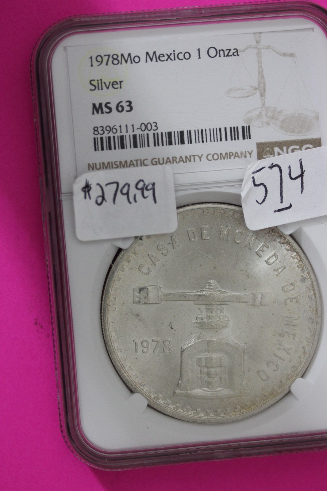 1978 MS 63 Mexico 1 Onza Silver Coin NGC Authentic Graded Authentic Slab 574