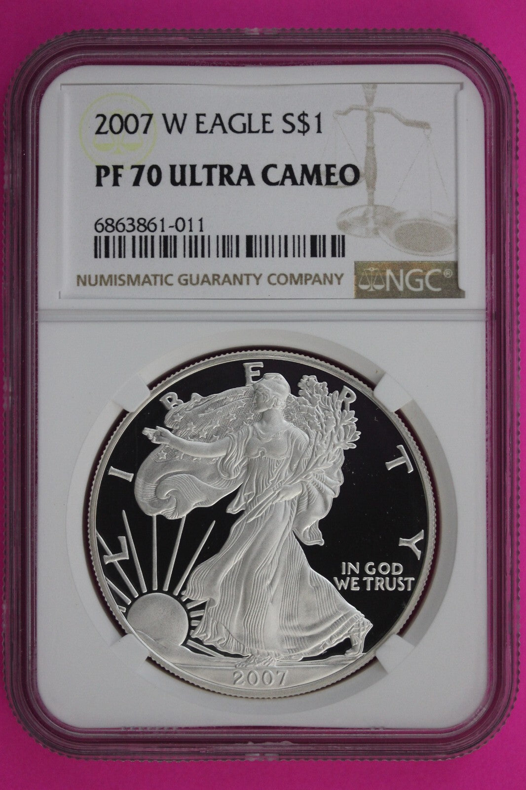 2007 W PF 70 Silver American Eagle Ultra Cameo Authentic Proof Coin NGC 1109