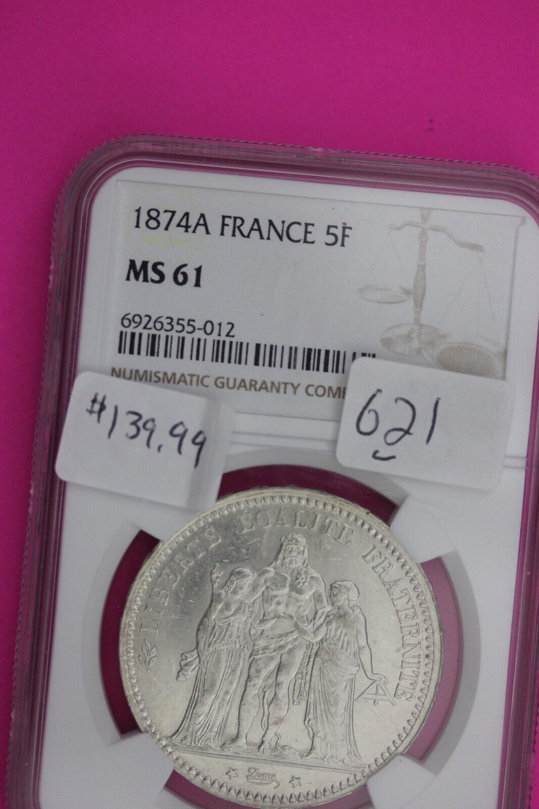 1874 A MS 61 France 5 Francs Silver Coin NGC Certified Graded Authentic Slab 621