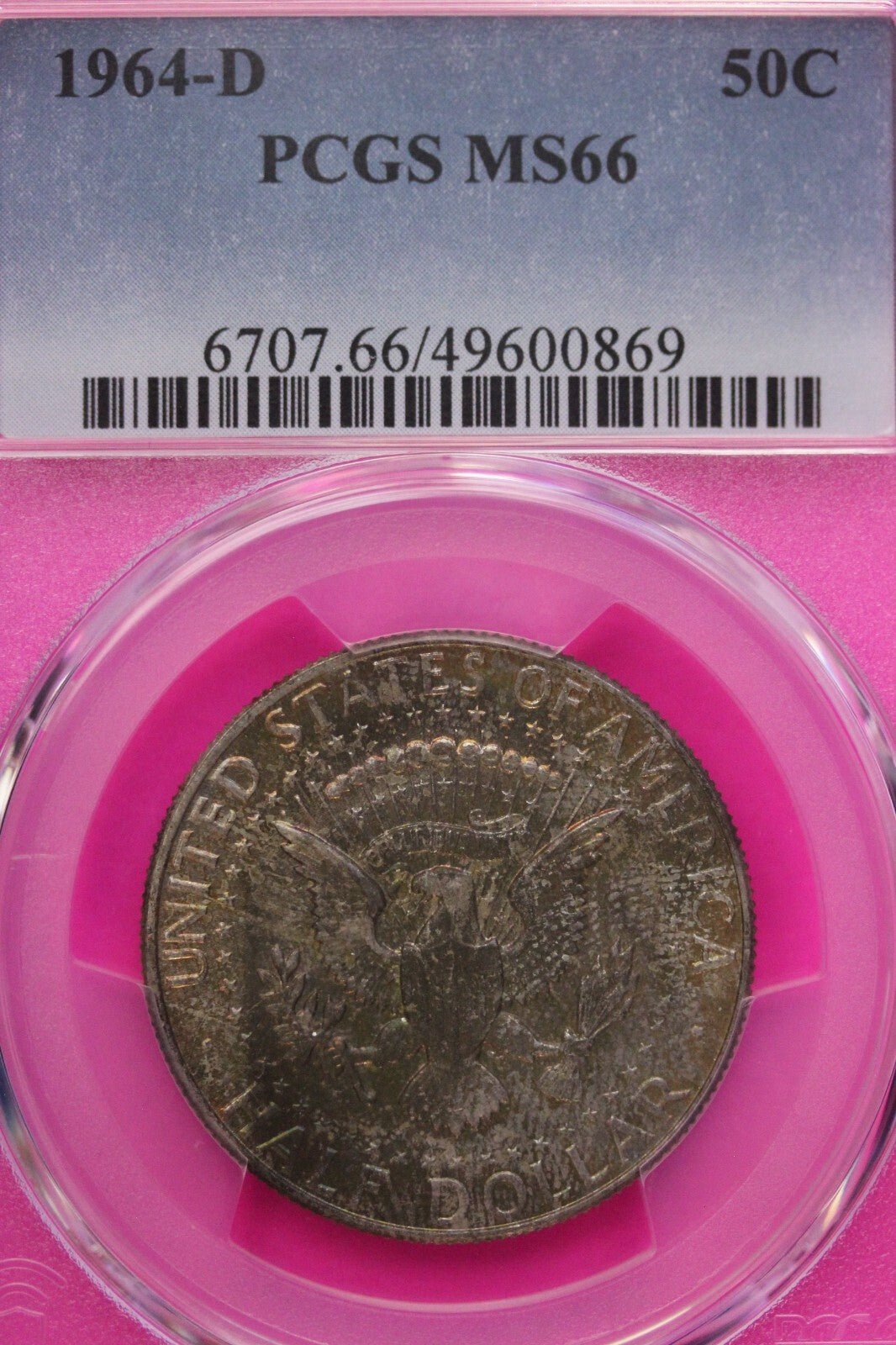 Toned 1964 D MS 66 John F Kennedy Silver Half Dollar PCGS Graded Authentic 667