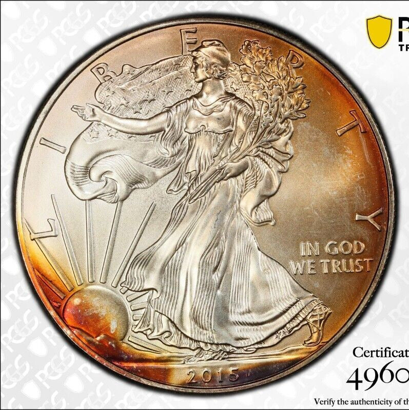 Toned 2015 MS 68 American Silver Eagle PCGS Graded Authentic Certified Slab 402