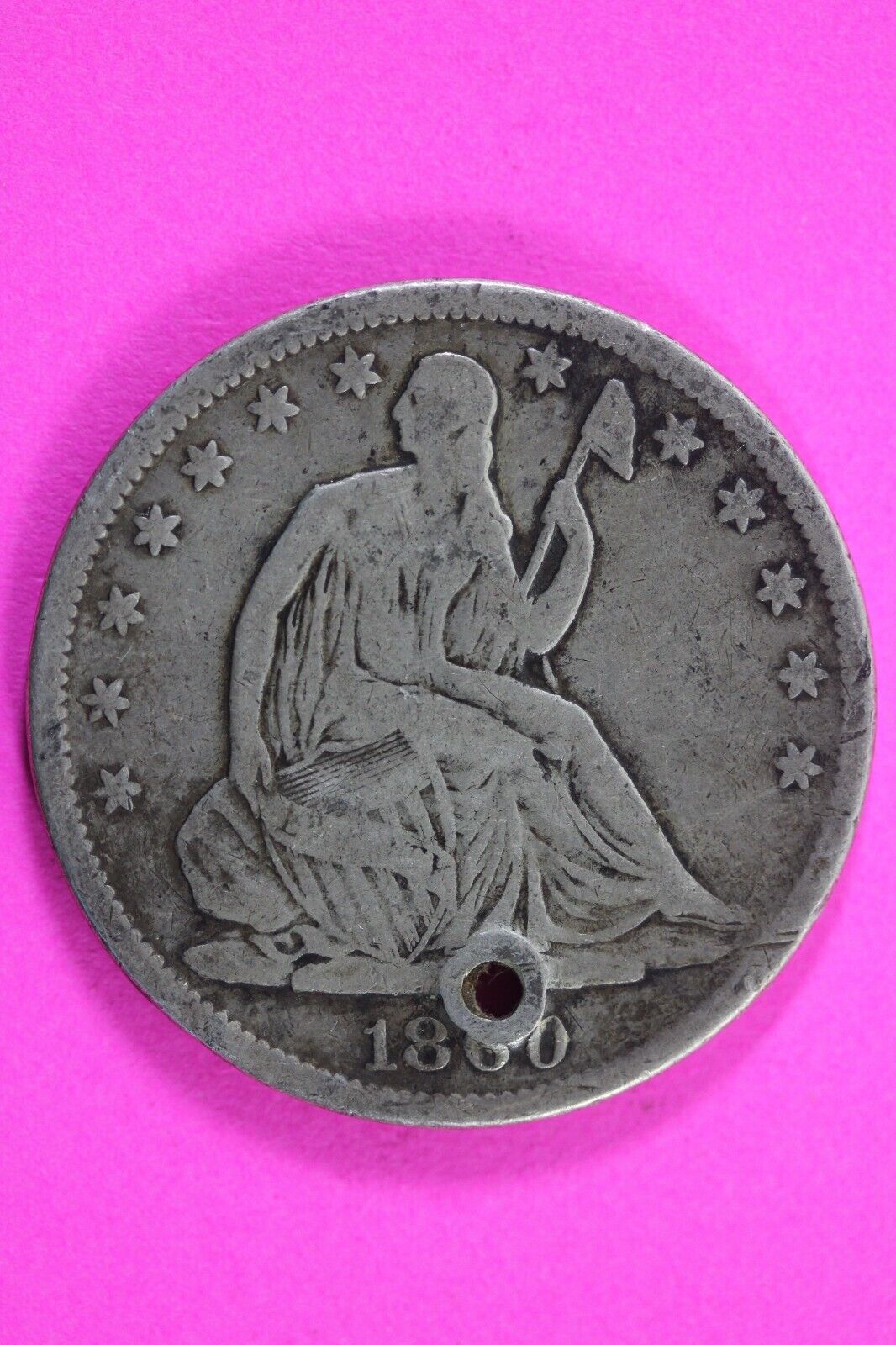 1860 S Seated Liberty Half Dollar Silver Holed Key Date Exact Coin In Pics 03