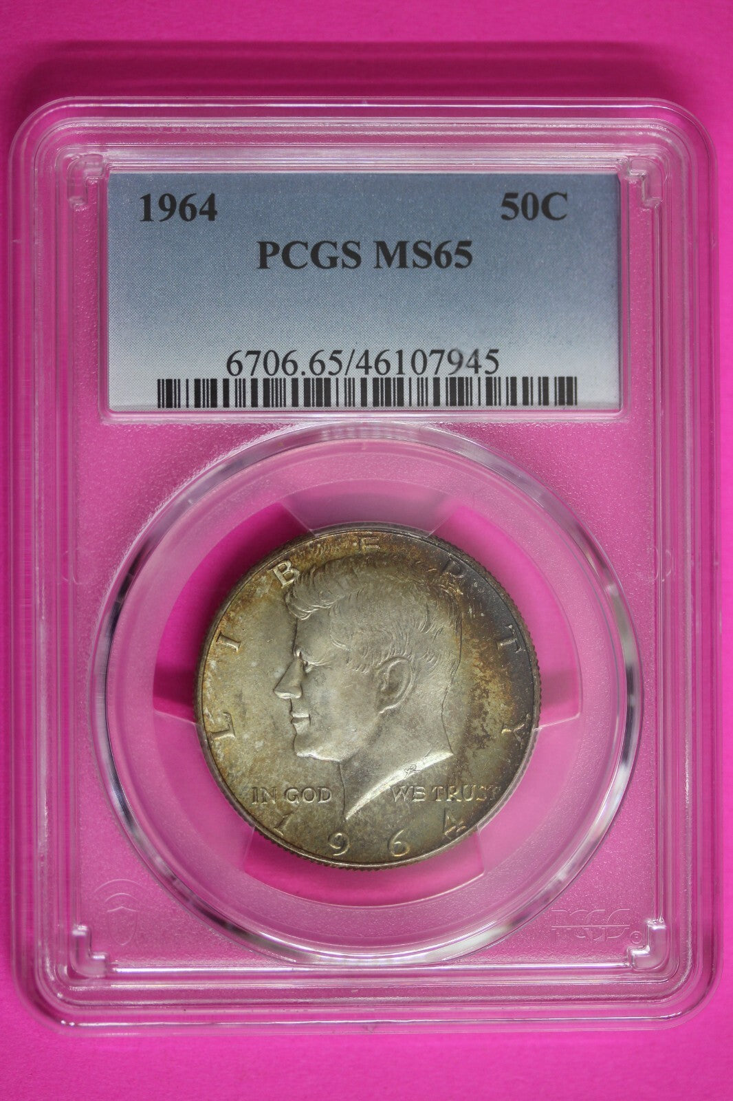 Toned Color 1964 P MS 65 John Kennedy Half Dollar PCGS Trueview Slab 1516