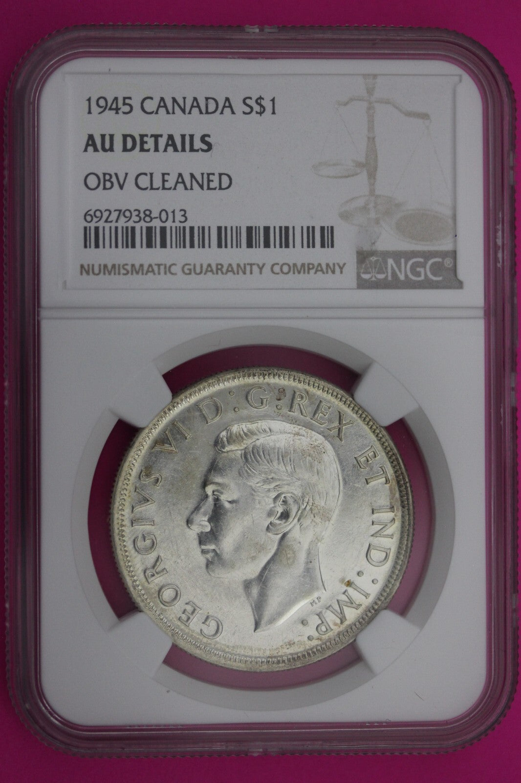 1945 AU Details Canada Silver Dollar OBV Cleaned NGC Certified Authentic 184