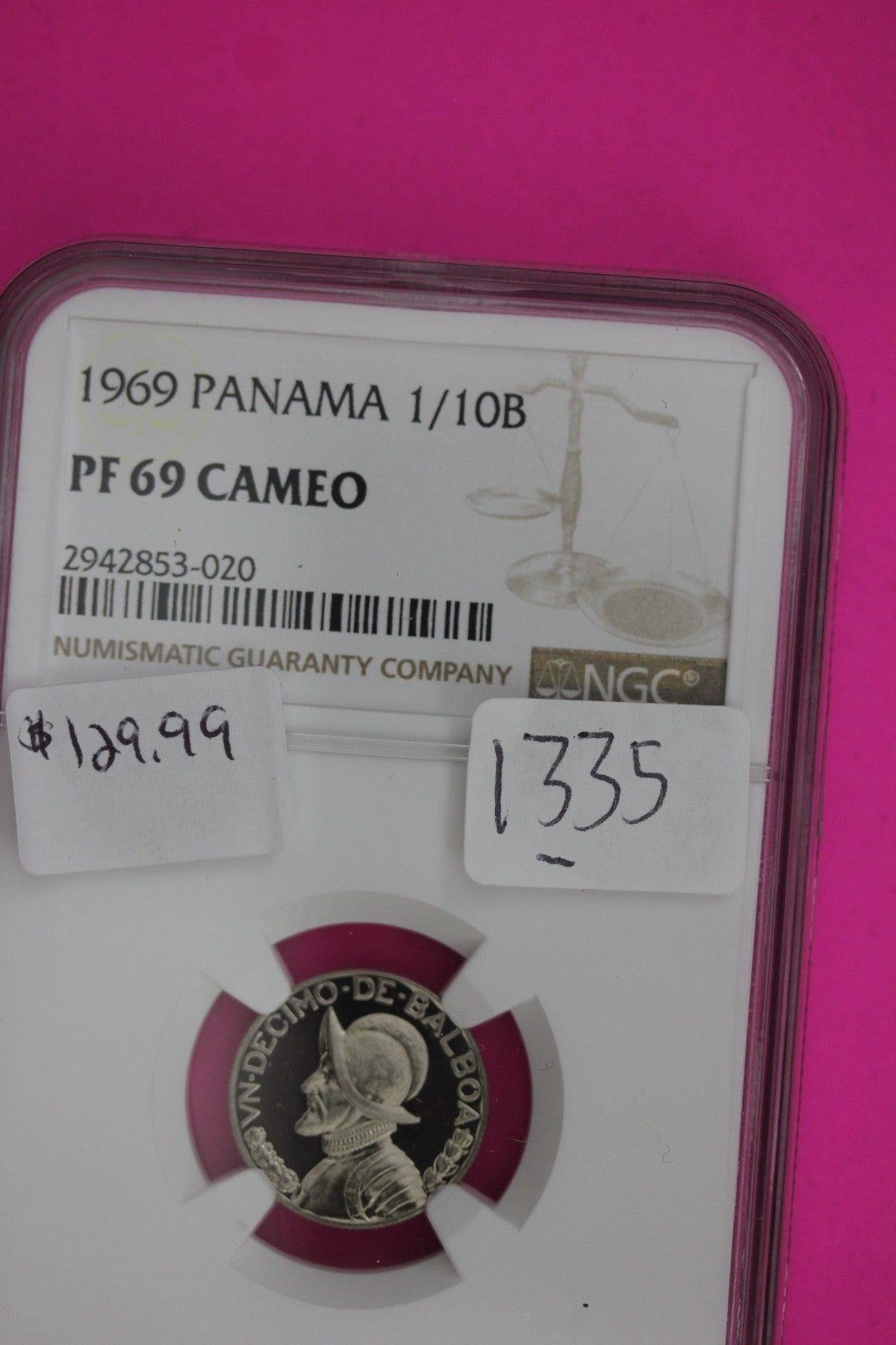 1969 Panama PF 69 Cameo Proof 1/10 Balboa NGC Graded Certified Genuine Slab 1335