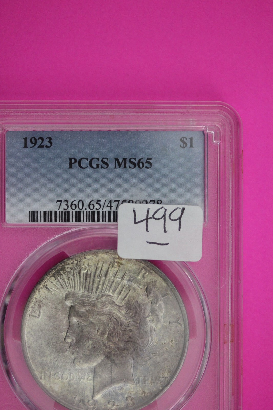 Toned 1923 P MS 65 Peace Silver Dollar PCGS Graded Certified Authentic Slab 499