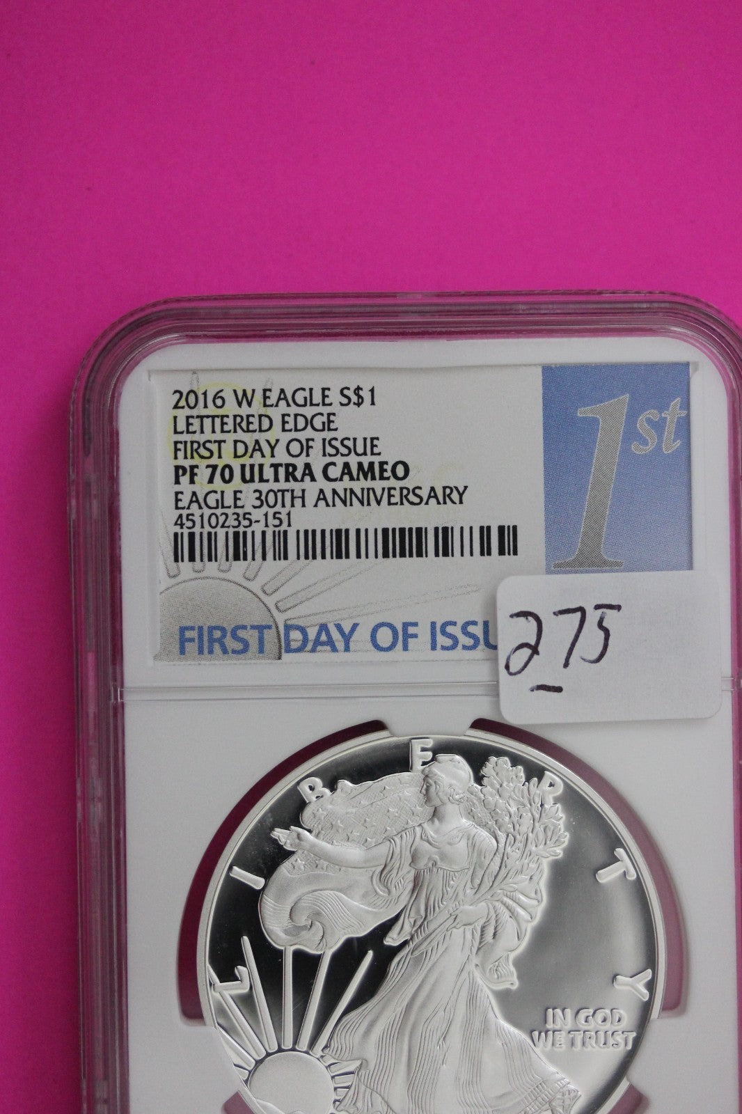 2016 W PF 70 Proof DCAM Silver American Eagle Lettered Edge NGC Authentic 275