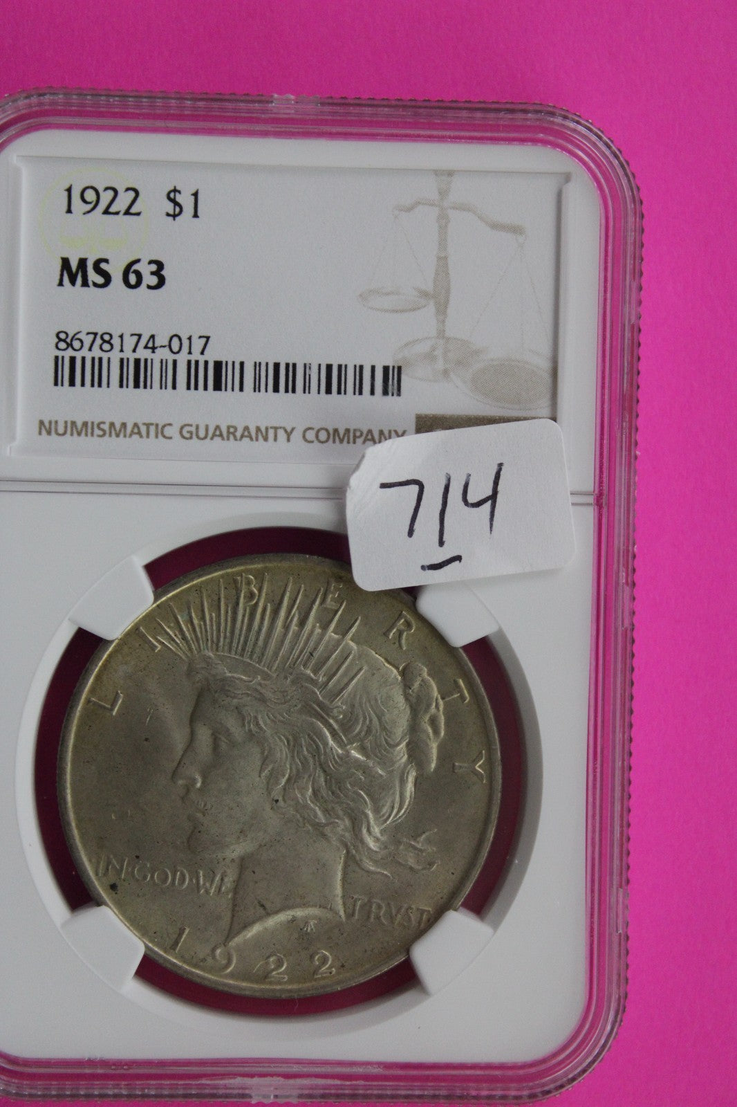 1922 P MS 63 Liberty Peace Silver Dollar NGC Certified Graded Authentic 714