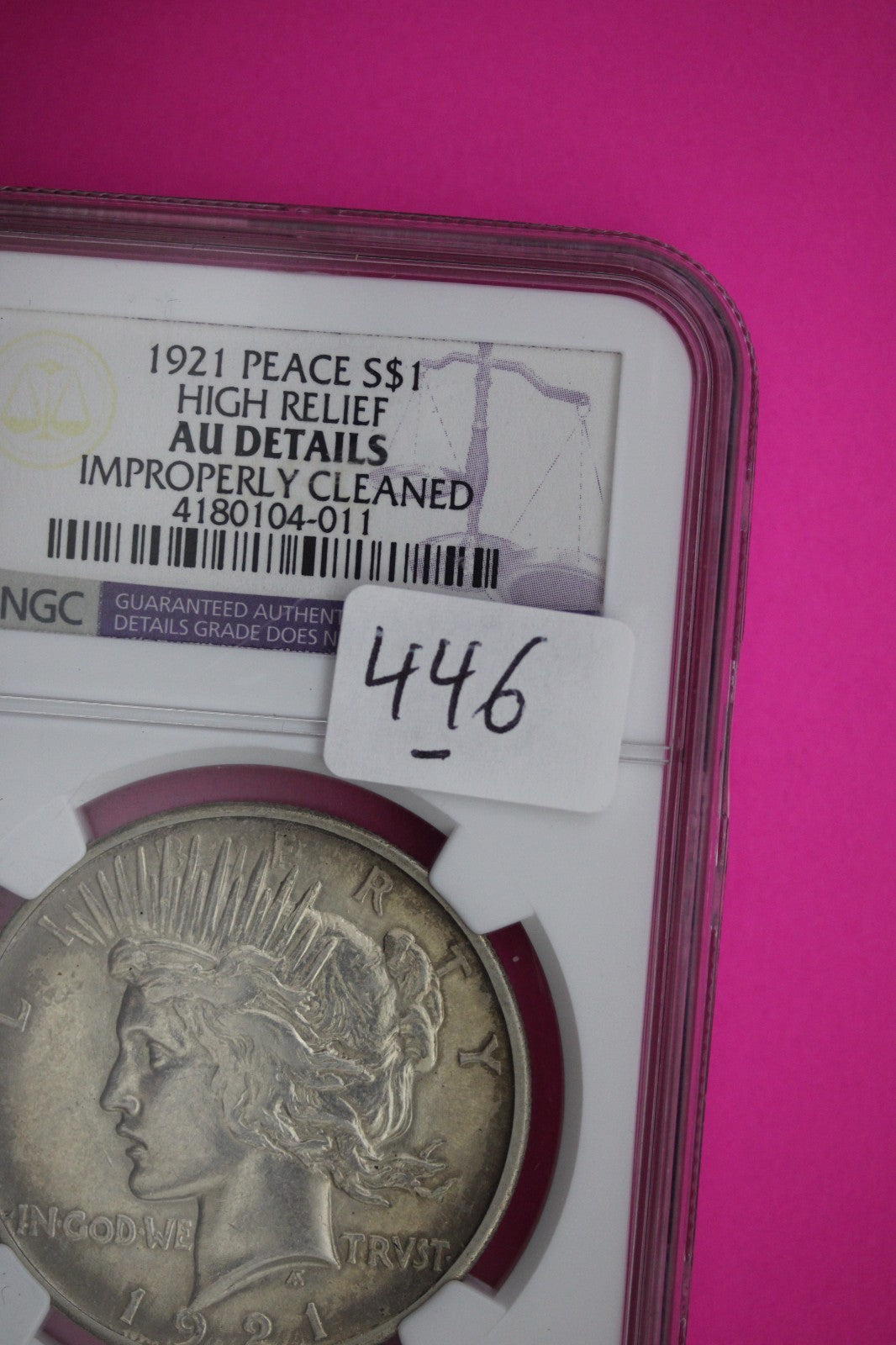 1921 AU Details Peace Silver Dollar High Relief Improperly Cleaned NGC Slab 446
