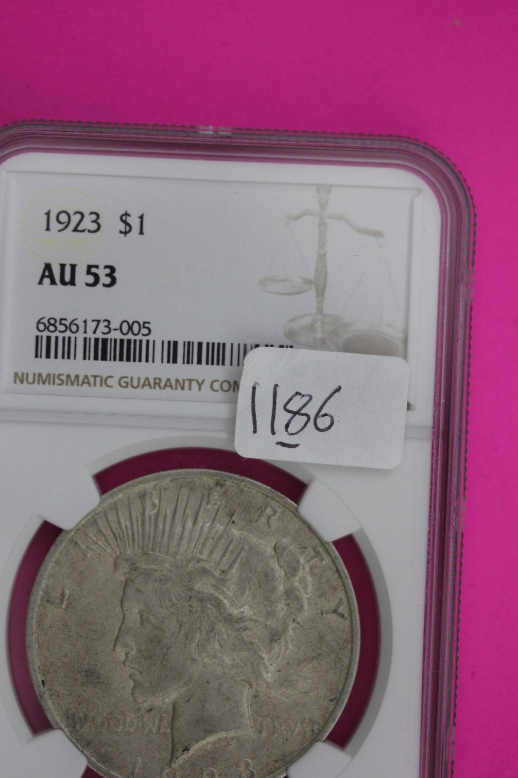 1923 P AU 53 Liberty Peace Silver Dollar NGC Certified Graded Authentic 1186