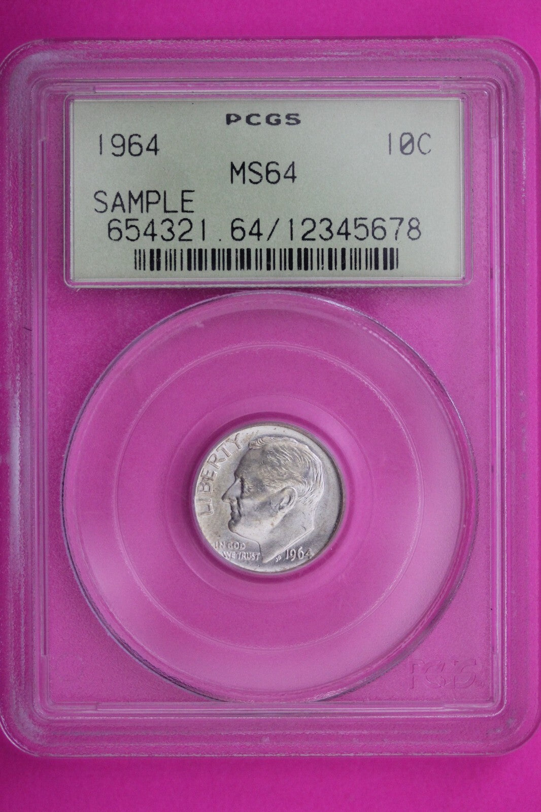 1964 P MS 64 Roosevelt Dime PCGS Green Label Sample Rattle Slab Silver Coin 387