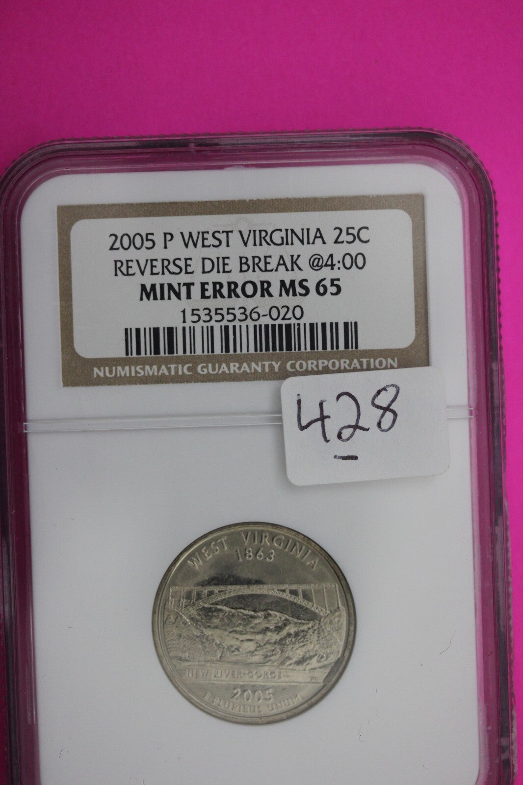 2005 P MS 65 Mint Error Die Break West Virginia Clad State Quarter NGC Slab 428