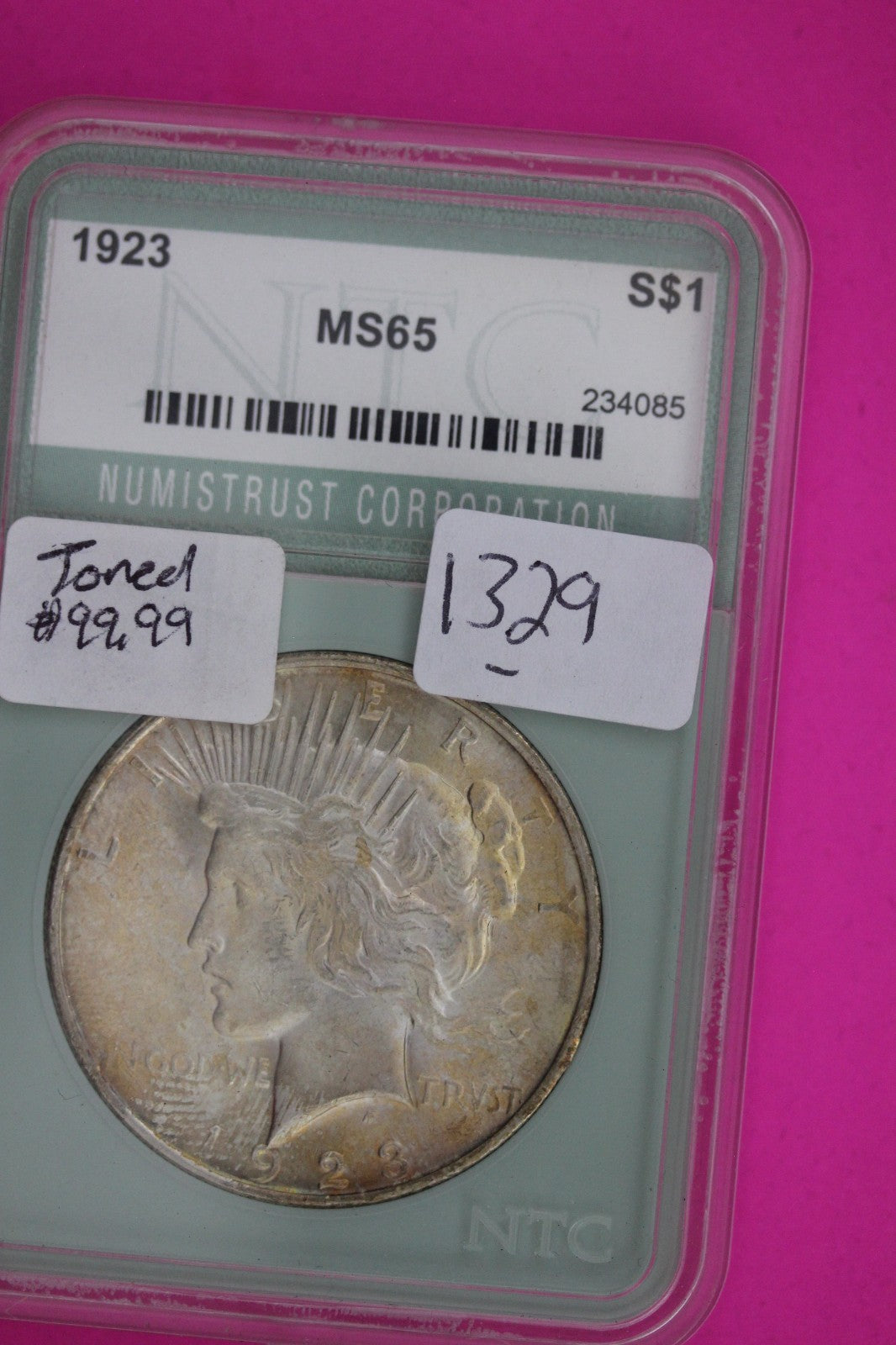 Toned 1923 P Peace Liberty Silver Dollar Guaranteed Authentic Genuine Slab 1329