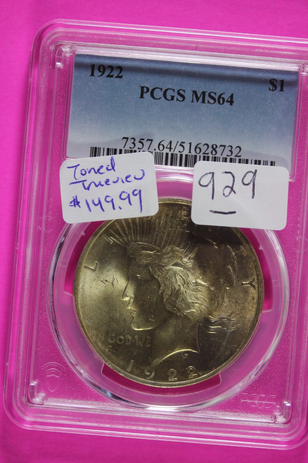 Toned 1922 P MS 64 Peace Silver Dollar PCGS Graded Certified Authentic Slab 929