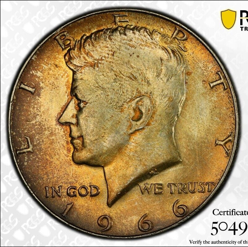 Toned 1966 Silver MS 65 John F Kennedy Silver Half Dollar PCGS Graded Slab 138