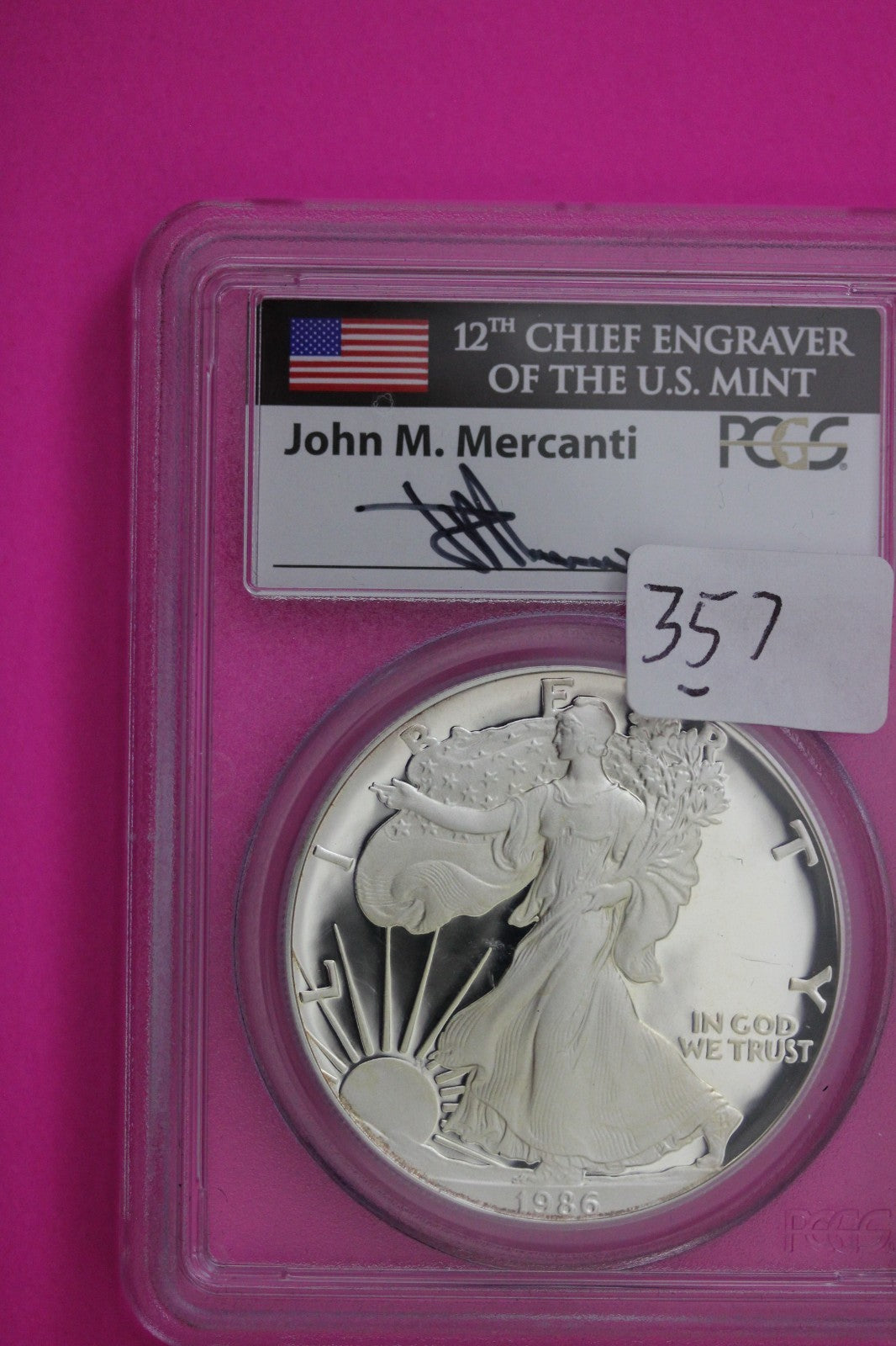 1986 S PR 70 Silver American Eagle Mercanti Signature PCGS Certified Slab 357