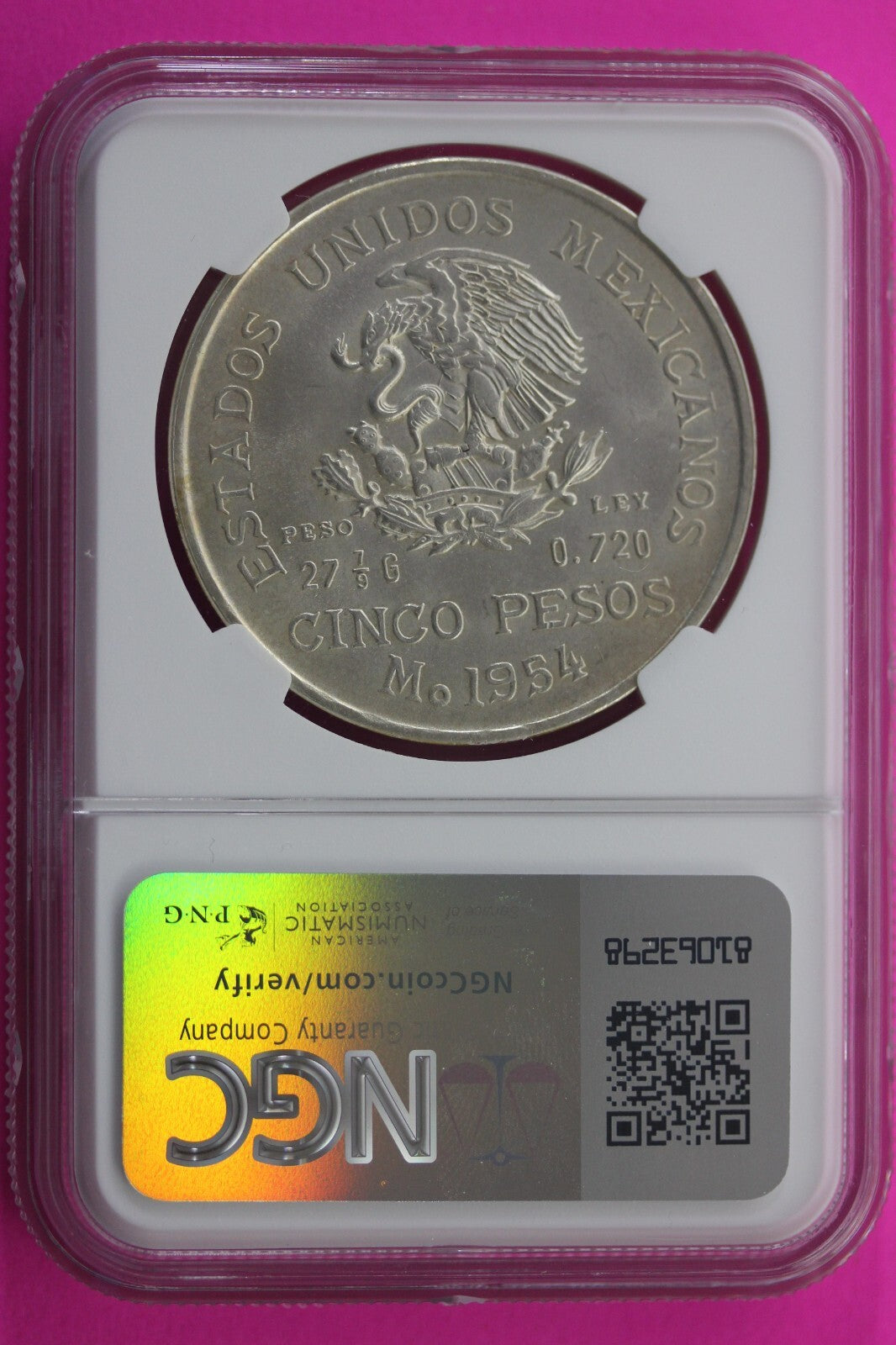 1954 MS 63 Mexico 5 Pesos Silver Coin NGC Certified Graded Authentic Slab 168