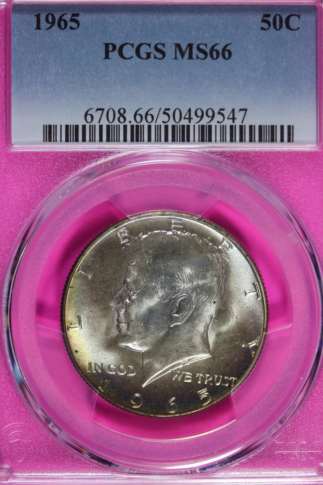 Toned 1965 Silver MS 65 John F Kennedy Silver Half Dollar PCGS Graded Slab 136