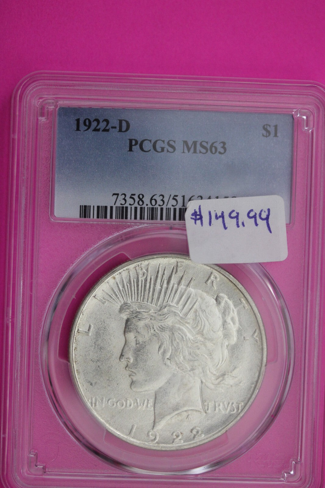 1922 D MS 63 Liberty Peace Silver Dollar PCGS Certified Authentic Graded 378