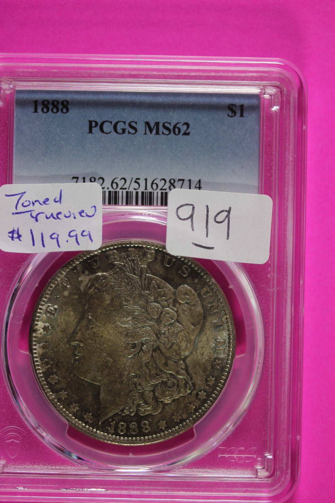 Toned 1888 P MS 62 Liberty Morgan Silver Dollar PCGS Certified Graded Slab 919