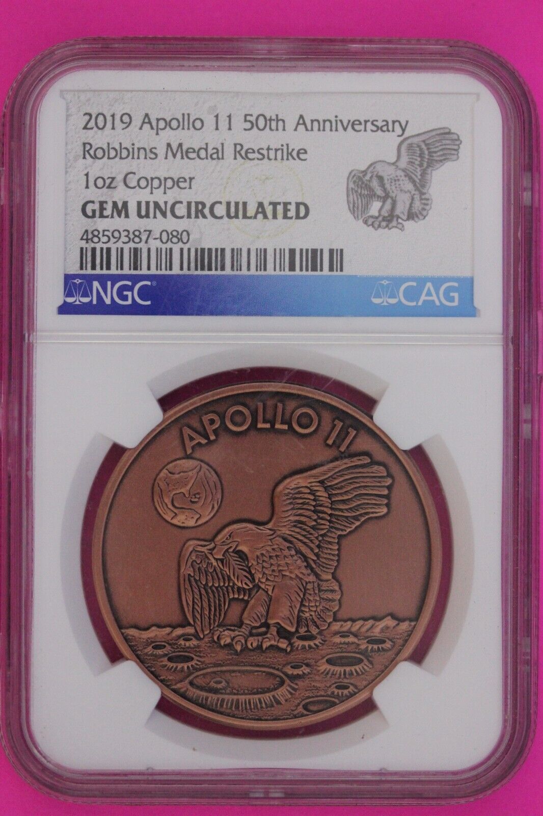 2019 Apollo 11 50th Gem BU Anniv Robbins Restrike 1 OZ Copper Medal NGC 974