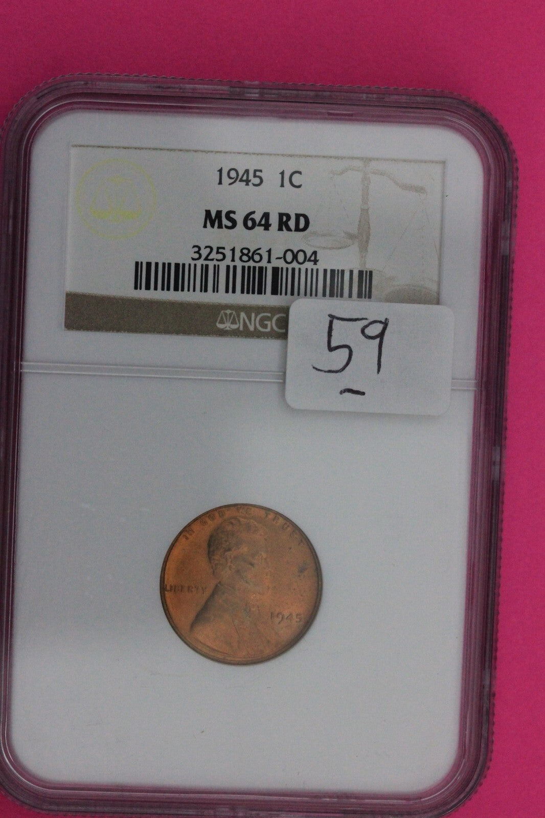 1945 P MS 64 RD Lincoln Wheat Cent Penny NGC Graded Certified Authentic Slab 59